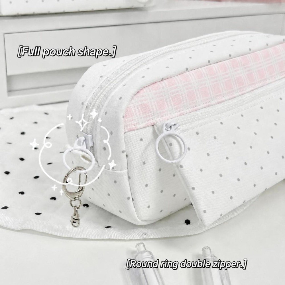Aesthetic Large Pencil Case Pouch - Aesthetic Polka Dot Plaid Pencil Case