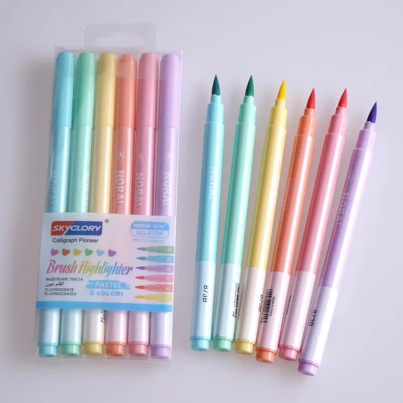 6Pcs/set Brush Highlighter Pen - Pastel Highlighter Set Double Ended 评论和价格
