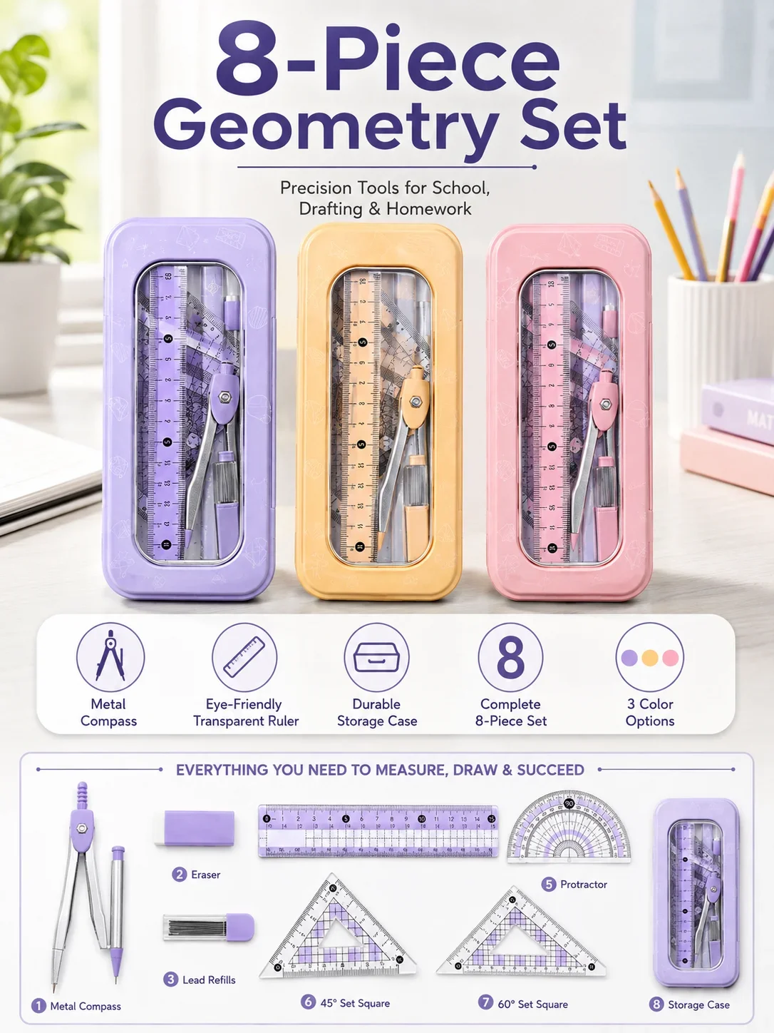 8-Piece Math Geometry Set for  - Math Geometry Set With Compass 评论和价格