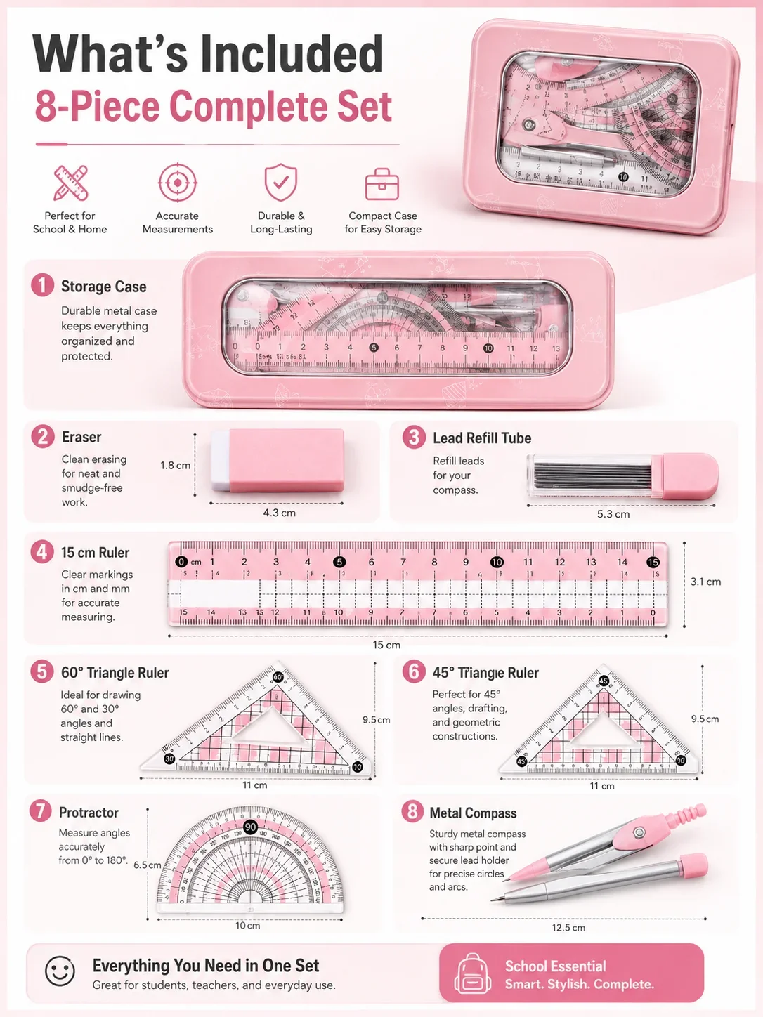8-Piece Math Geometry Set for  - Math Geometry Set With Compass 评论和价格