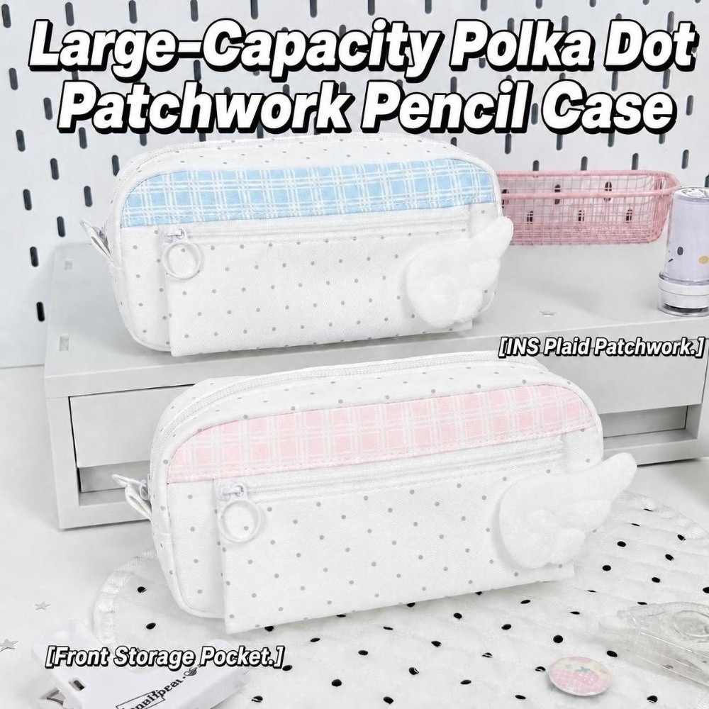 Aesthetic Polka Dot Plaid Penc - Aesthetic Large Pencil Case Pouch 评论和价格