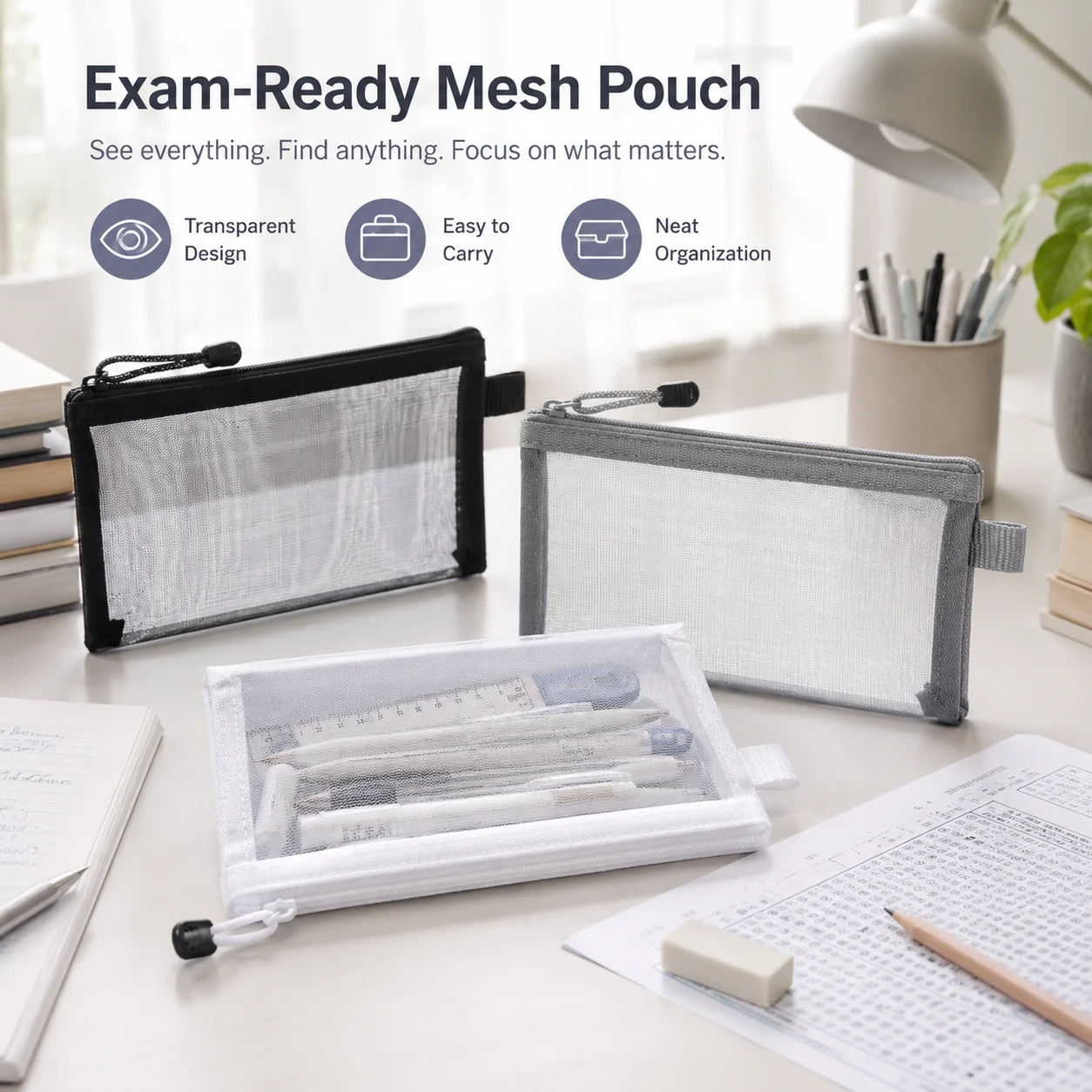 Transparent Mesh Pen Bag, Clea - Clear Mesh Pencil Pouch For Exam 评论和价格